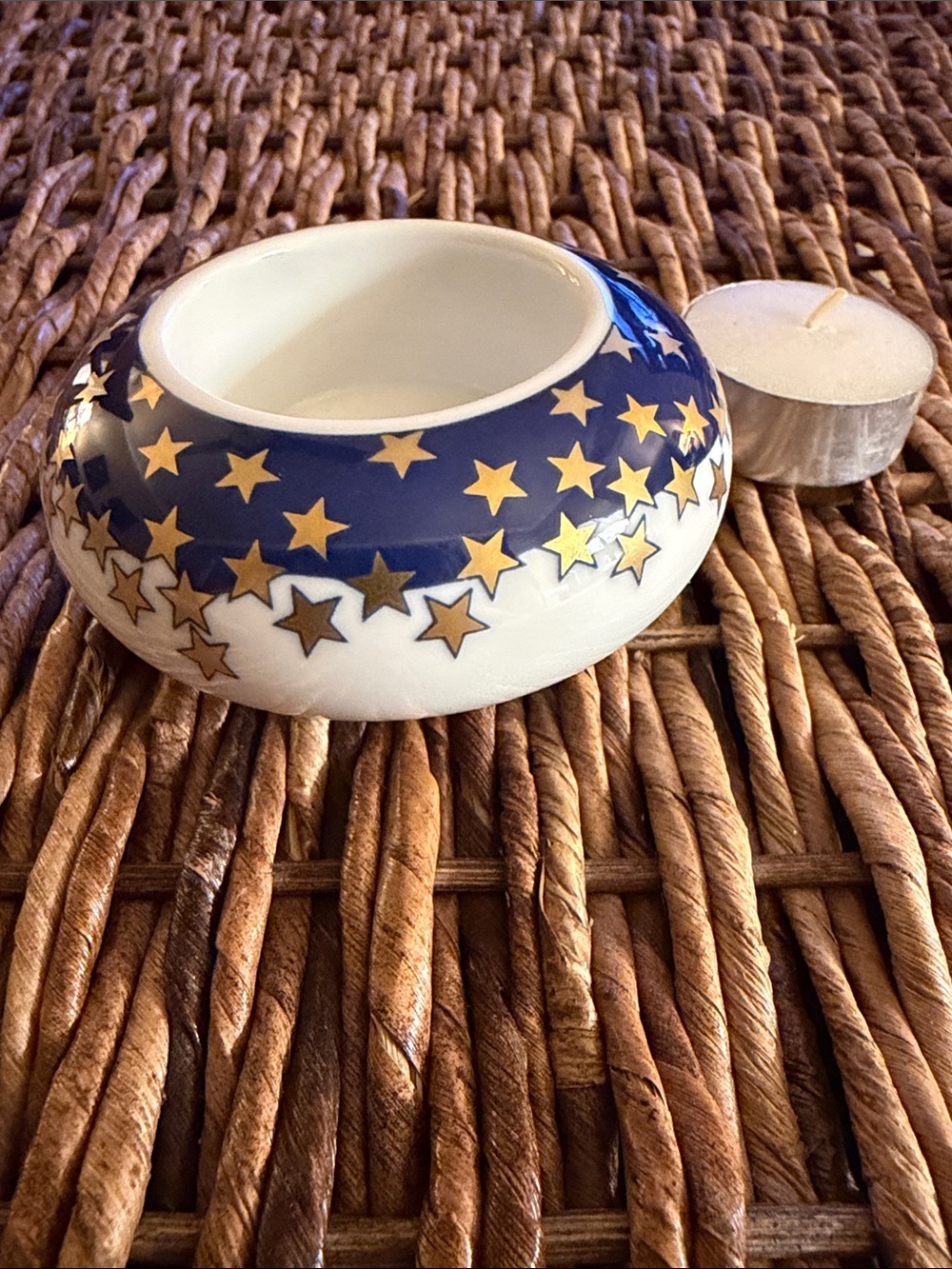 Vintage Arzberg Germany whimsy Tea Light Holder -Blue & Gold Celestial Stars